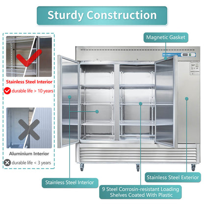 Commercial Reach in Freezer, 3 door 72 Cu.ft Stainless Steel Commercial Upright Freezer