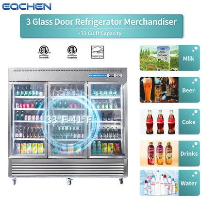 EQCHEN 82 Inch 3 Glass Door Commercial Refrigerator