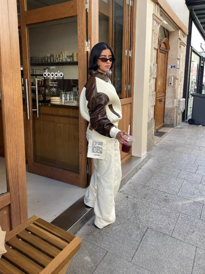 Fashionable Chic Knit-and-leather Patchwork Jacket