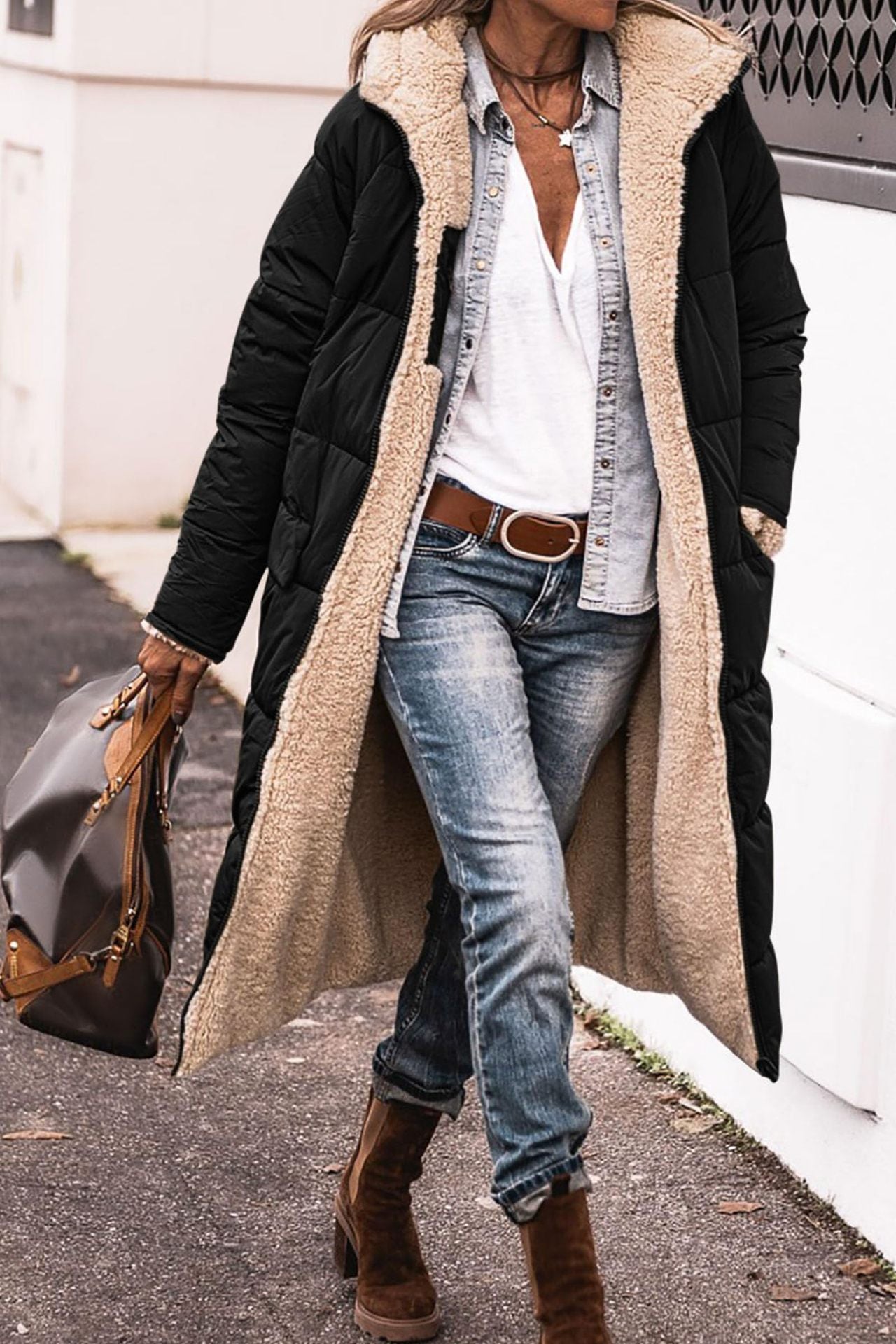 Solid Color Hooded Long Coat Winter Long Sleeve Double-sided Wear Slim Elegant Cardigan Jacket Top Women's Clothing