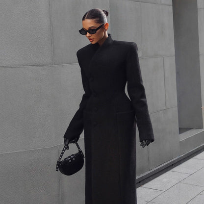 Temperament Shoulder-padded Waist-cinching Long Wool Coat For Women