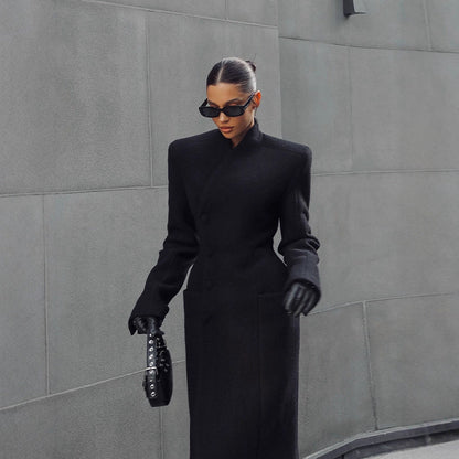 Temperament Shoulder-padded Waist-cinching Long Wool Coat For Women