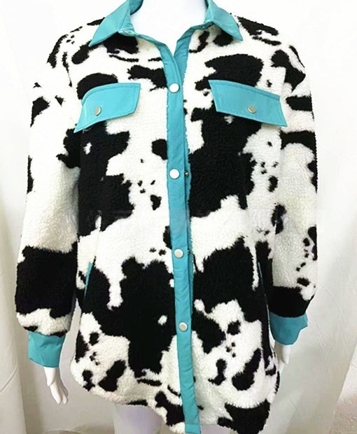 Euro-American AutumnWinter Lapel Shirt Warm Loose Contrasting Color Patchwork Long-Sleeve Coat