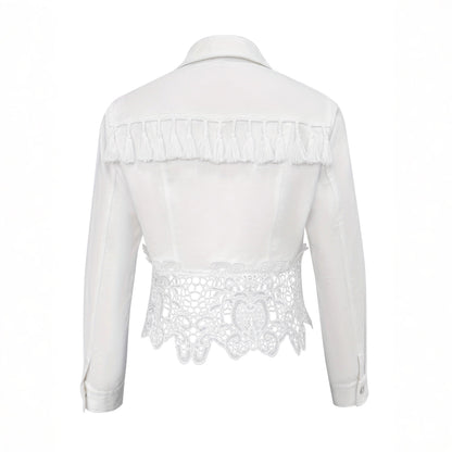 Womens Lapel Hem Hollow-Out Patchwork Tassel Coat