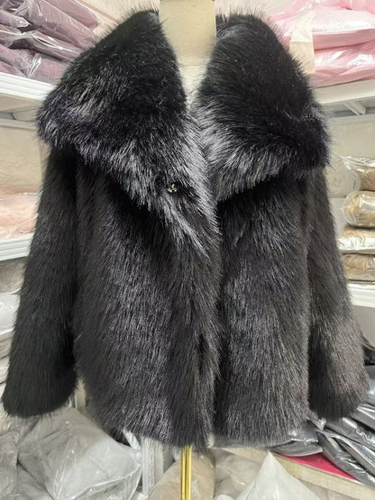 Women's Pure Color Versatile Faux Fur Collar Long Sleeve Coat Plus Size Outerwear