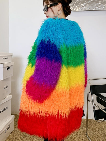 Contrast-color Plush Patchwork Coat Winter Lambswool Coat