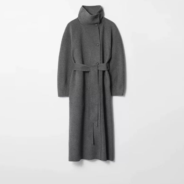 Retro Solid Stand Collar Long Tweed Coat Women