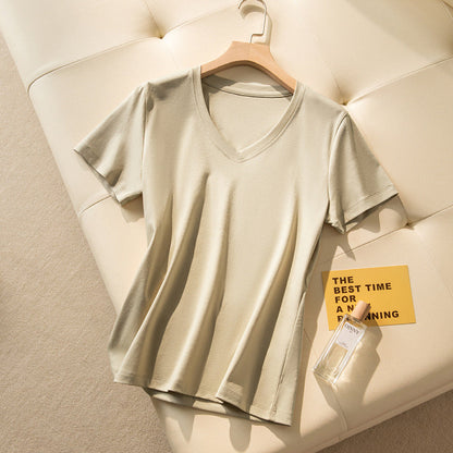 Womens Loose-Fit Round-Neck V-Neck Pure Cotton T-Shirt