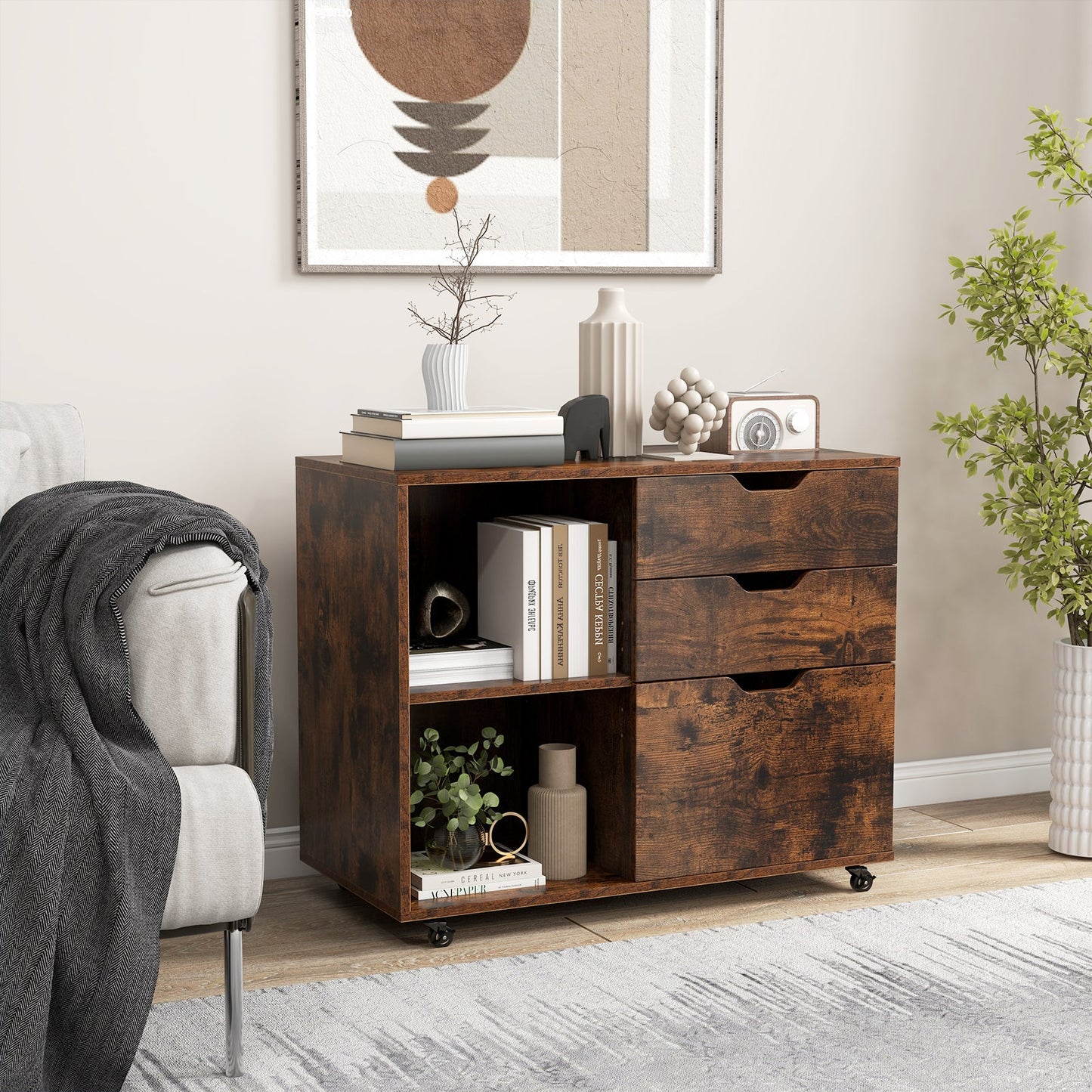 3-Drawer File Cabinet with Adjustable Shelf and Wheels for Letter