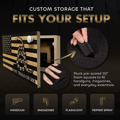 Dont Tread on Me Concealment Shelf - Quick Access Patriotic Hidden Gun Storage with Magnetic Lock - Safe & Secure Gun Concealment Furniture (Stripes)