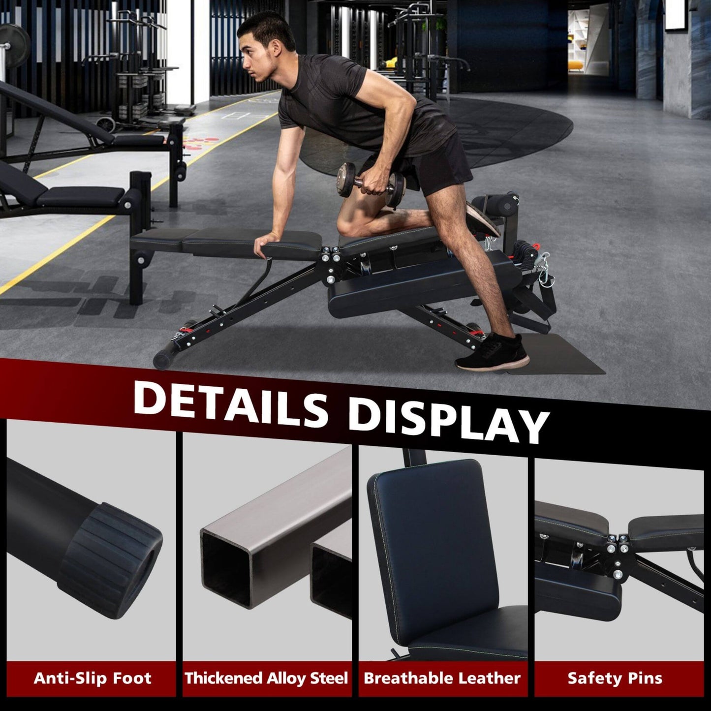 Rovix Foldable Multi-Functional Weight Bench For Full-Body Workouts With Resistance Bands, Footrest, And Leg Extender (SAK73642)