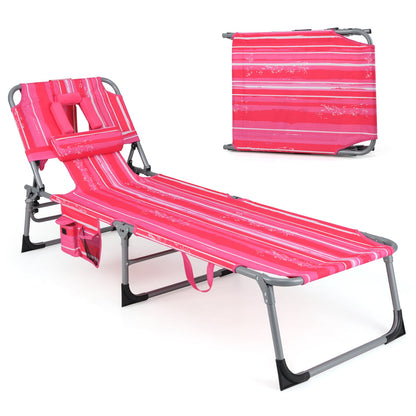 Folding Beach Lounge Chair with Pillow for Outdoor-Pink and White