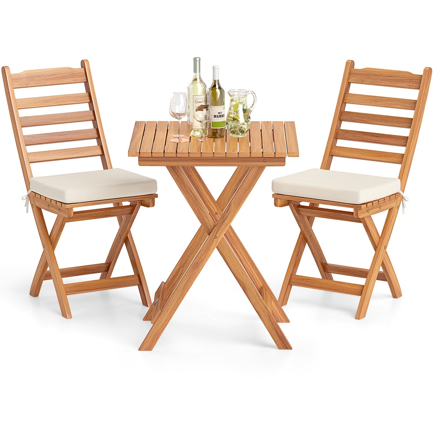 Folding Chair Table Set with Soft Seat Cushions and Table-White