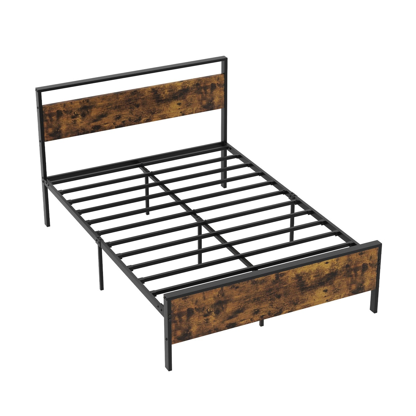 King Metal Bed Frame Industrial Platform Bed with Wooden Headboard