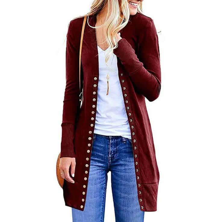 Halife Women's Long Sleeve Snap Button Down Knit Ribbed Neckline Cardigan Sweater