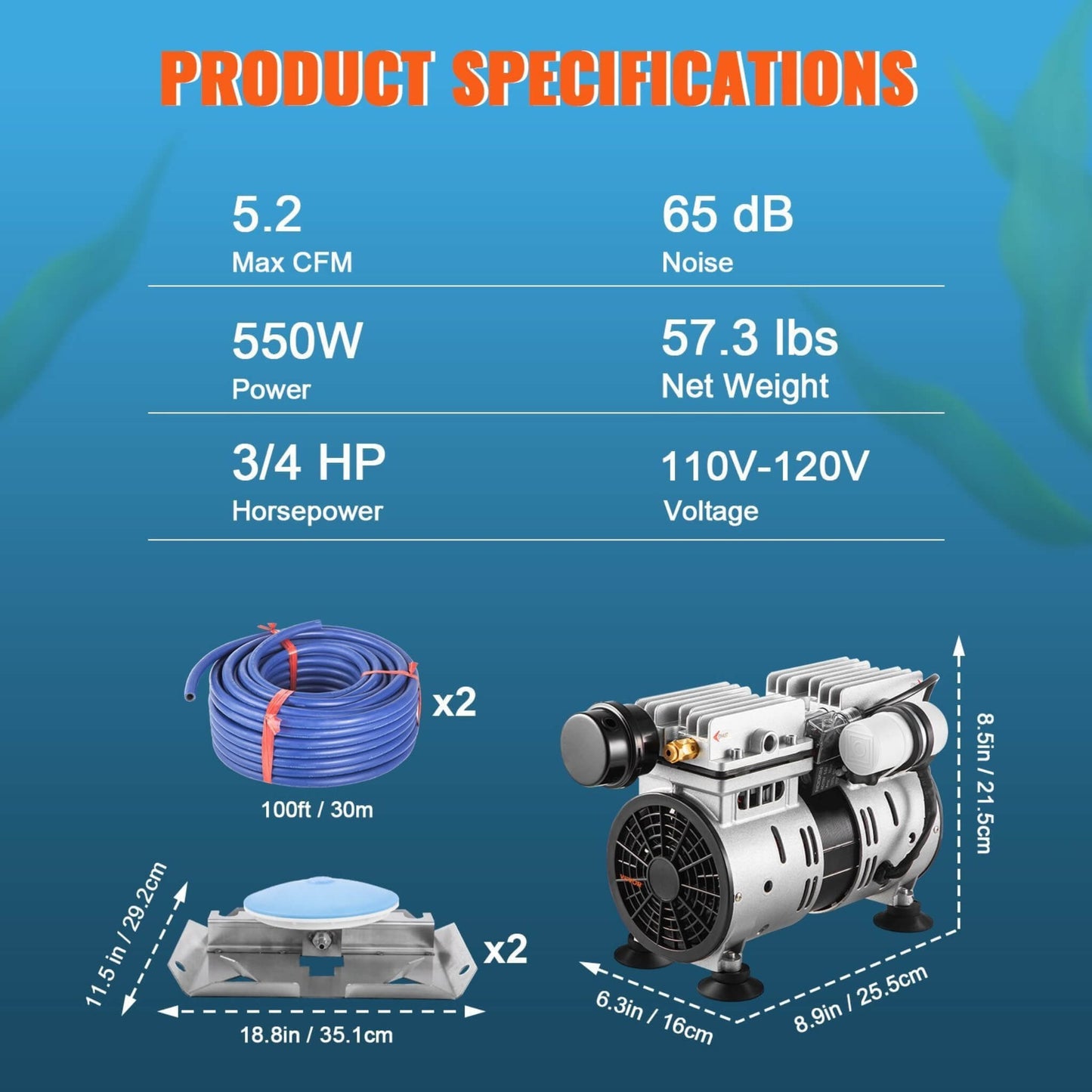 Heavy-Duty Pond Aerator Kit With Compressor, Diffusers And Weighted Tubing (SAK08795)