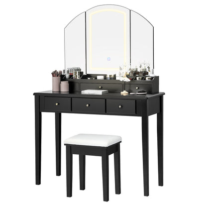 Vanity Table Stool Set with Large Tri-folding Lighted Mirror