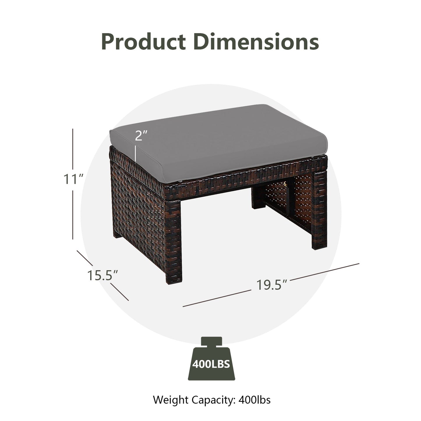 2 Pieces Patio Rattan Ottomans with Soft Cushion for Patio and Garden
