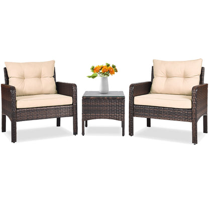 3 Pcs Outdoor Patio Rattan Conversation Set with Seat Cushions-Black
