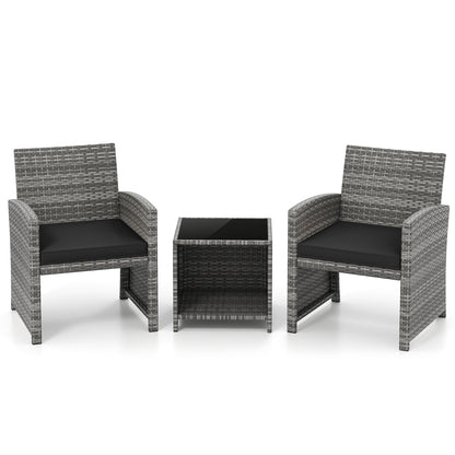 3 Pieces Patio Furniture Set with Tempered Glass Coffee Table and Soft Seat Cushions
