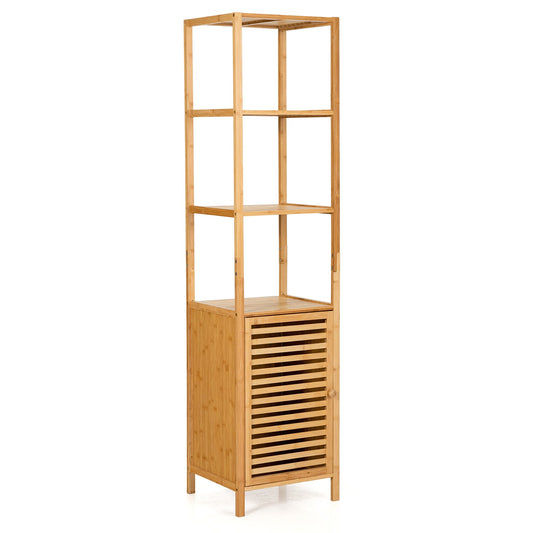 4 Tiers Slim Bamboo Floor Storage Cabinet with Shutter Door and Anti-Toppling Device-Natural
