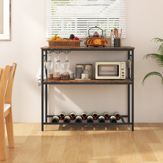 3 Shelves Kitchen Island Industrial Prep Table with Bottom Wine Rack-Rustic Brown