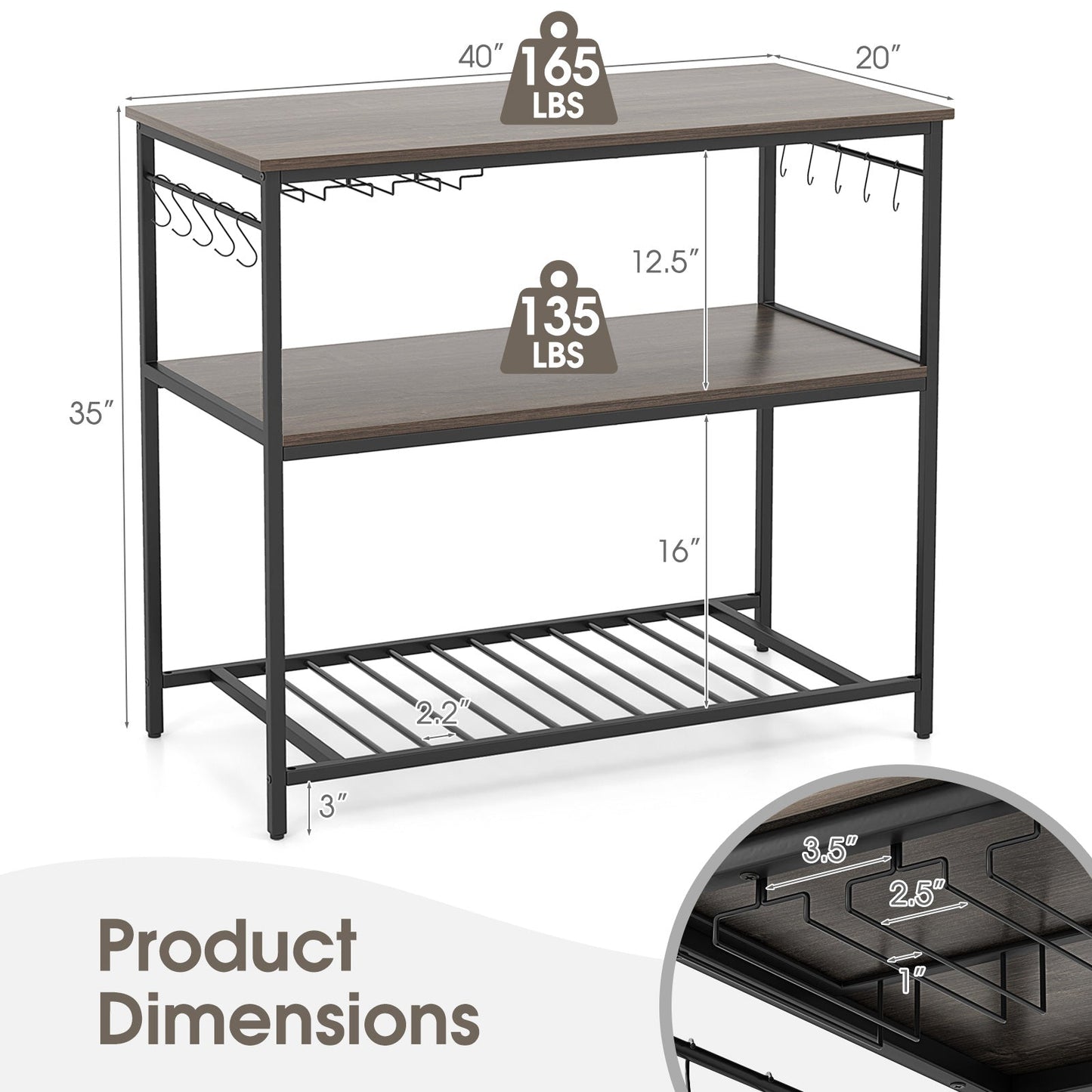 Kitchen Island with 3 Shelves Wine Glass Holders and 10 Hooks-Gray
