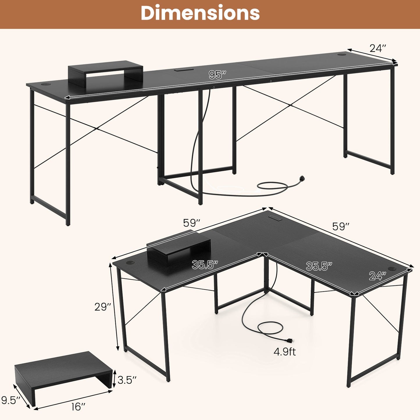 95 Inch 2-Person L-Shaped Long Reversible Computer Desk with Monitor Stand