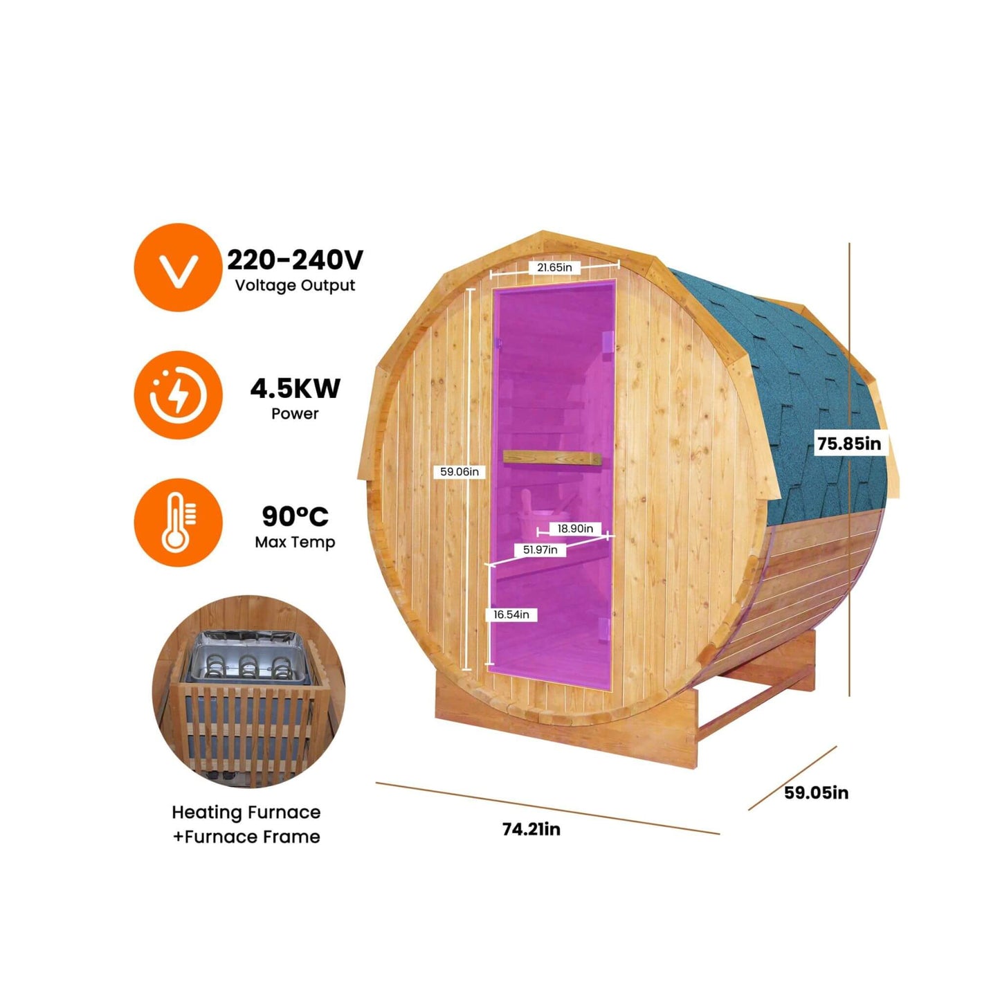 Thermora Ignite Large Premium American White Oak Outdoor Wooden Barrel Sauna With 4.5KW Sauna Heater (SAK45968)