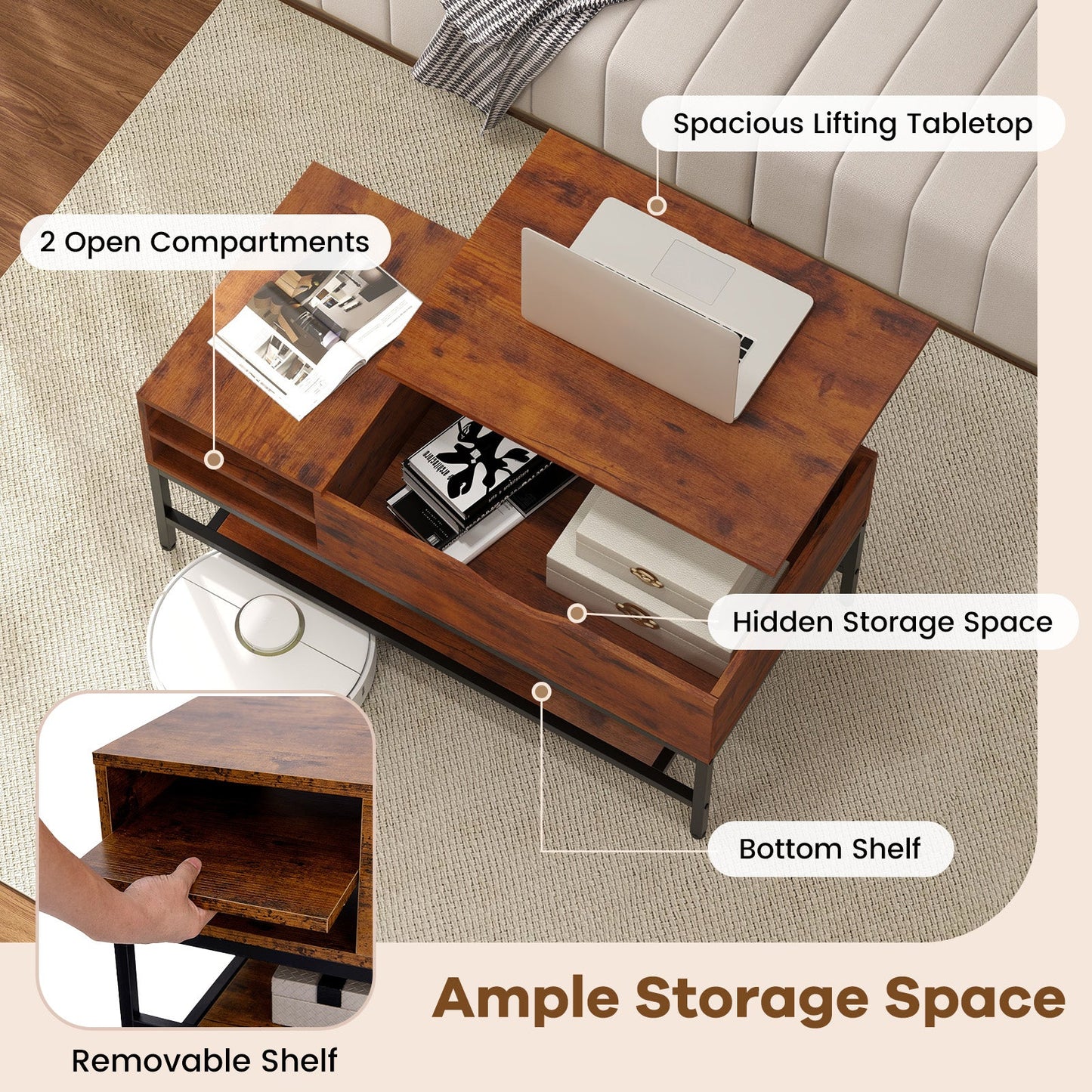 Lift Top Coffee Table with Hidden Compartment and Removable Storage Shelf-Rustic Brown