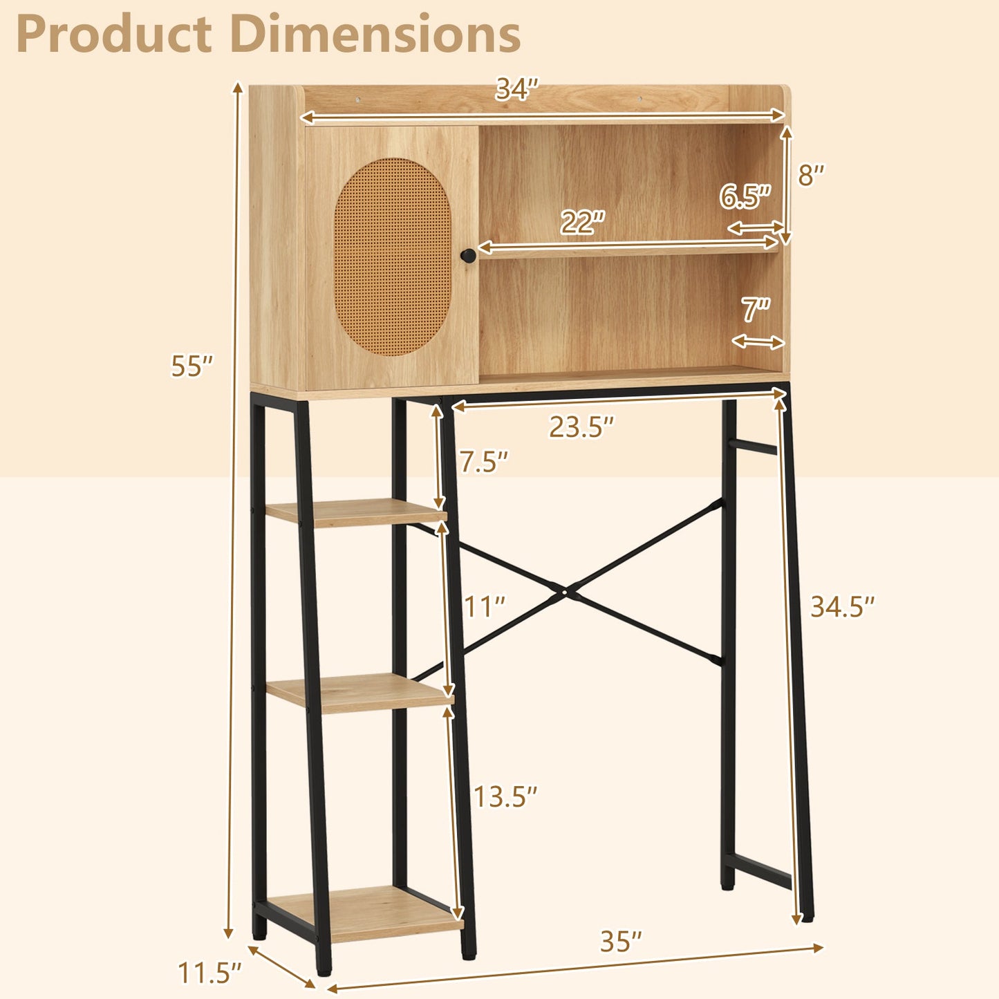 Over The Toilet Storage Cabinet with PE Rattan Door and Open Storage Shelves-Natural