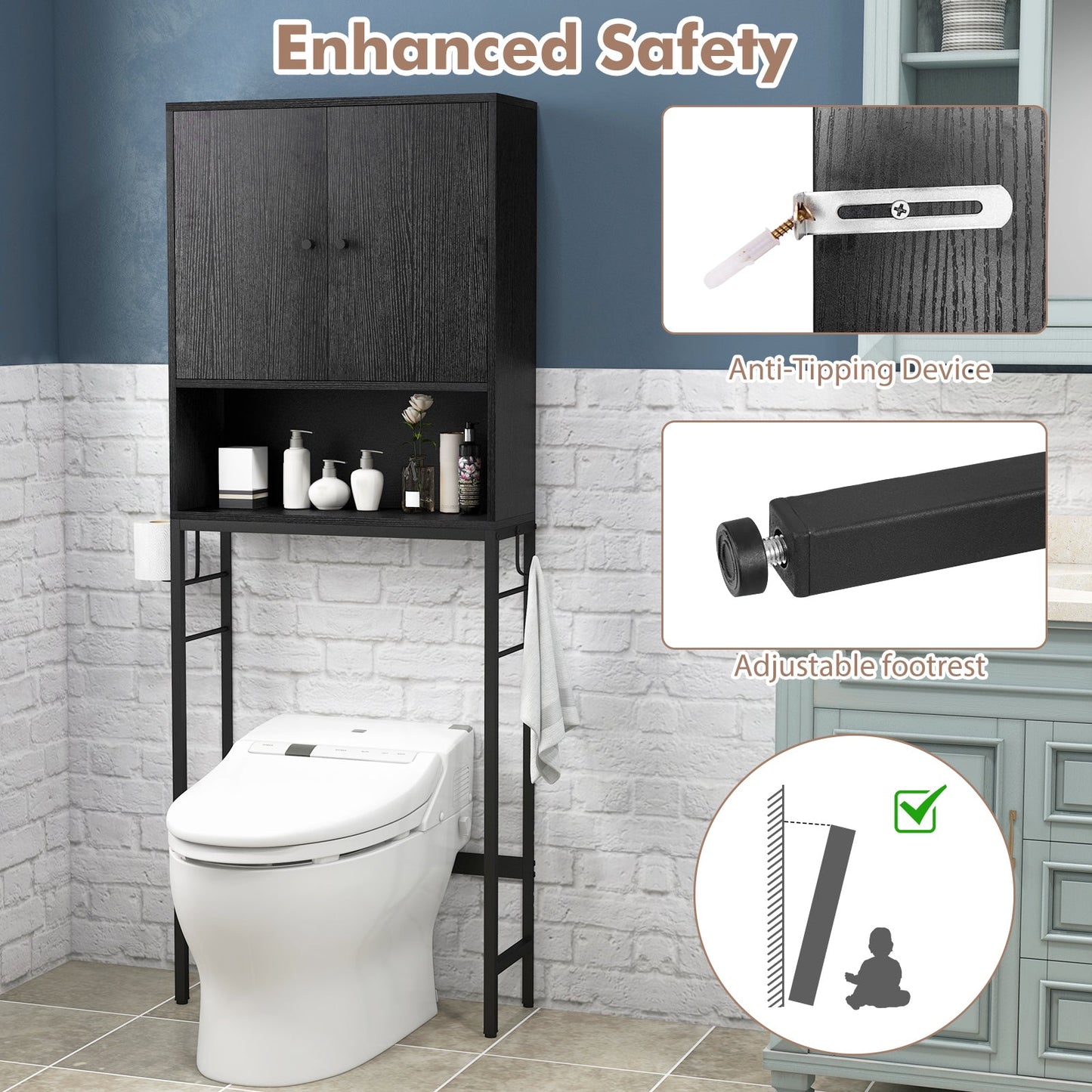 Over The Toilet Storage Cabinet with 2 Doors and Adjustable Shelf