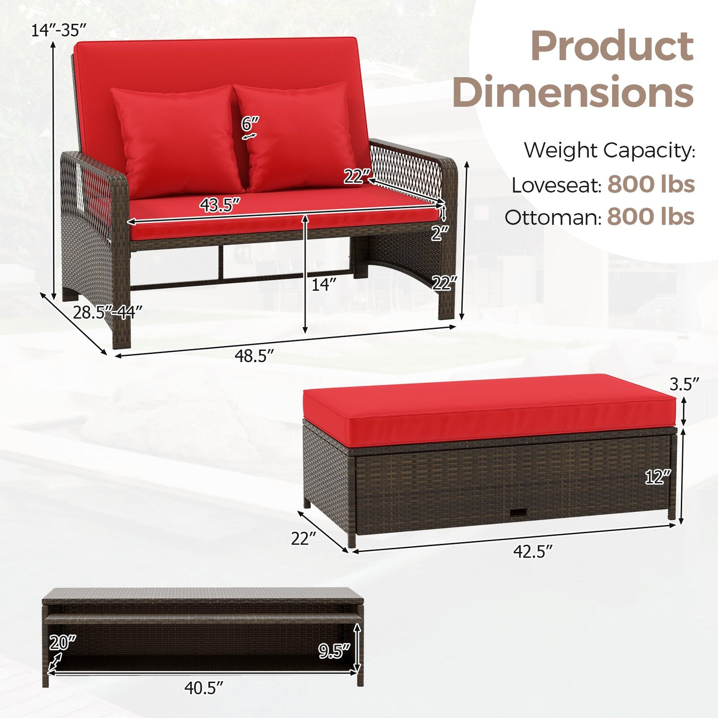 Patio Adjustable Wicker Daybed with 4-Level Backrest and Soft Cushions