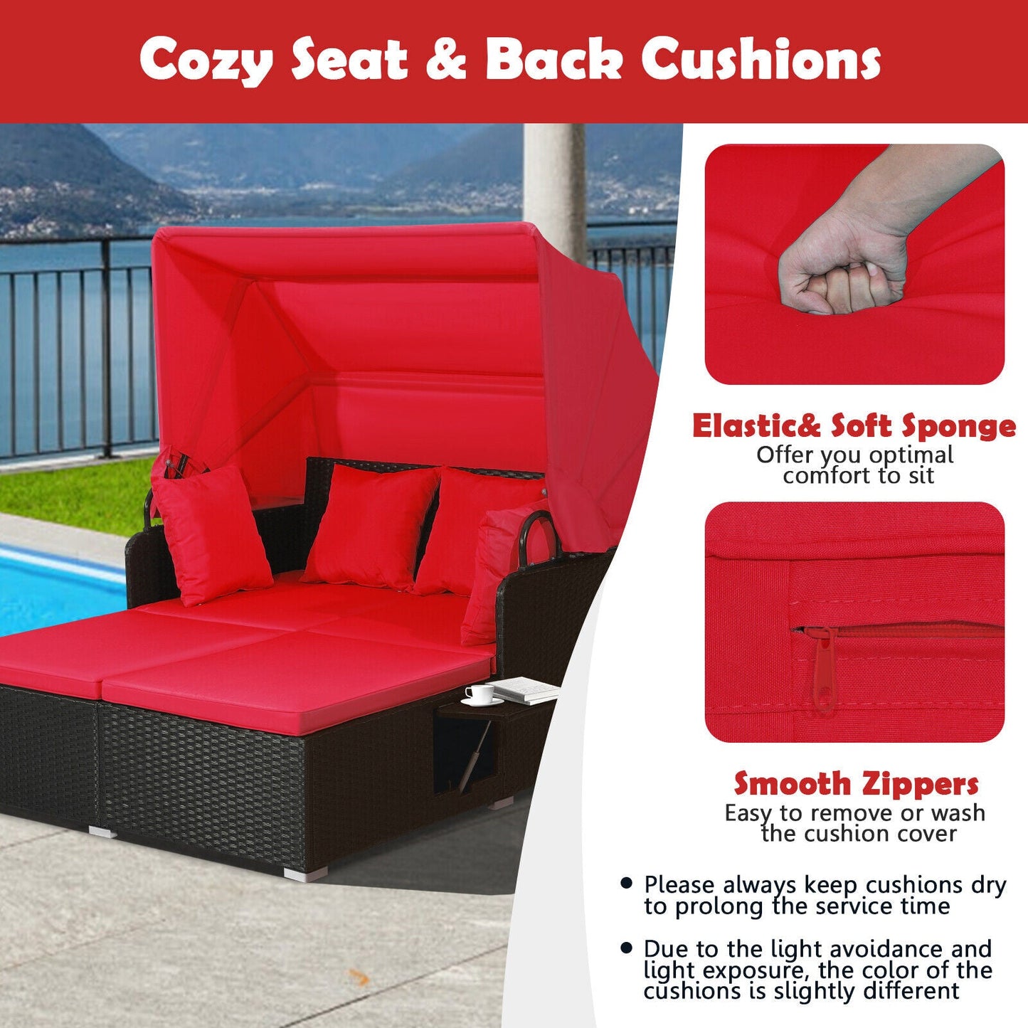 Patio Rattan Daybed with Retractable Canopy and Side Tables