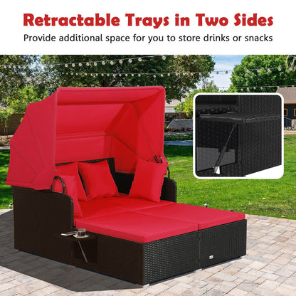 Patio Rattan Daybed with Retractable Canopy and Side Tables