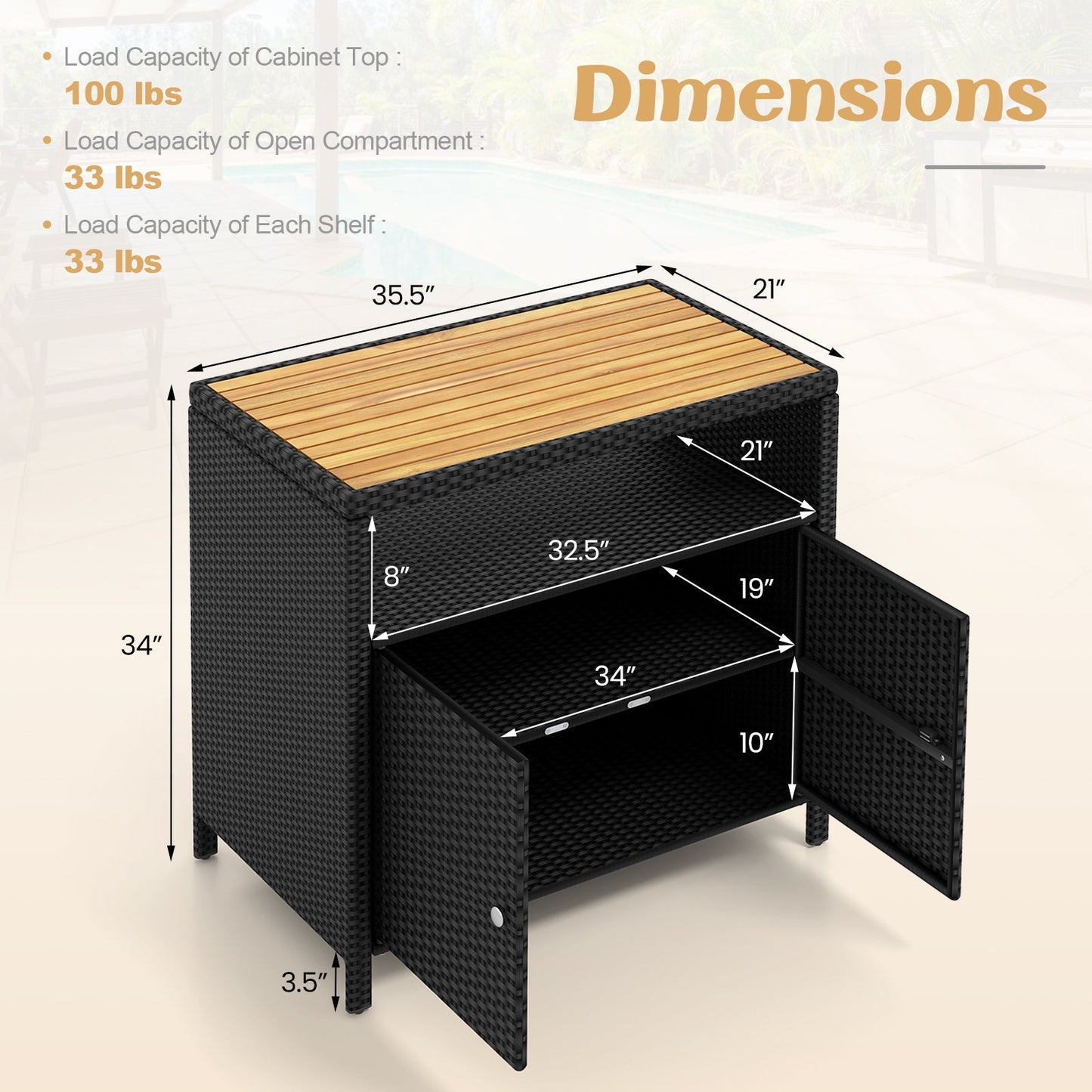 Rattan Storage Cabinet with Acacia Wood Countertop for Poolside Deck and Patio
