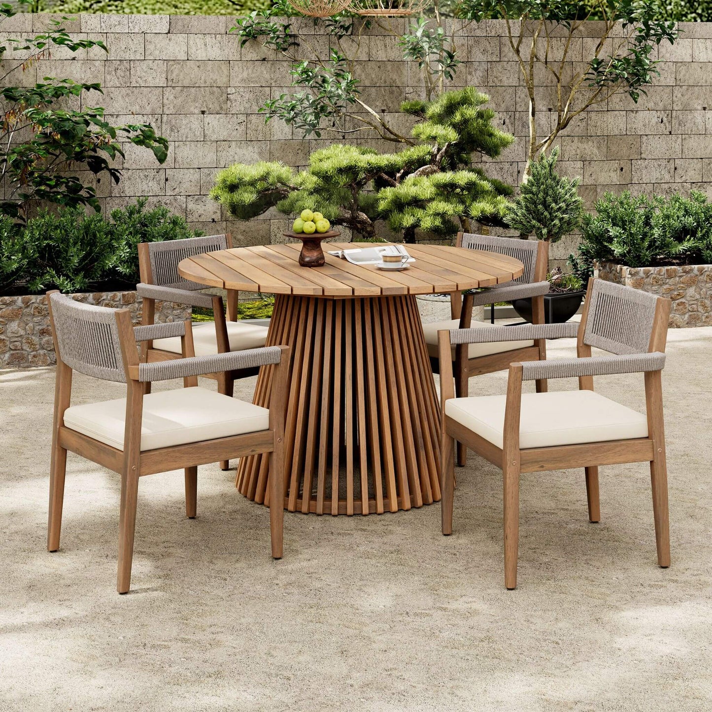 Alora Premium 5-Piece Outdoor Acacia Wood Patio Furniture Set With Braided Dining Chairs, Cushions, And Dining Table (SAK26754)