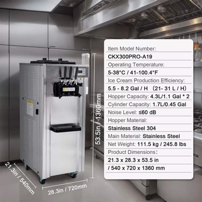 Premium Commercial 3-flavor Freestanding Soft Serve Ice Cream Machine Maker, 21-31 L/H (SAK21874)