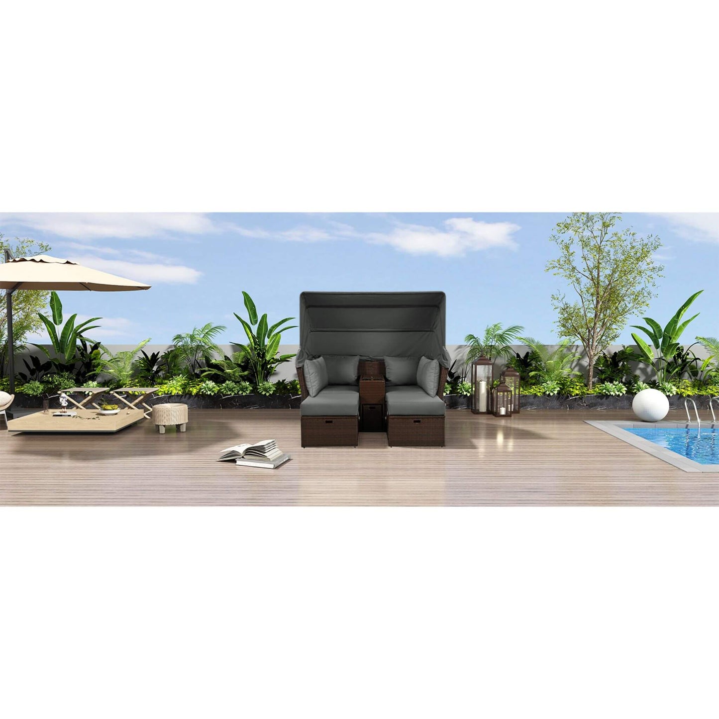 Alora Premium Outdoor 2-Seater Patio Daybed With Foldable Awning, Cushions, And Rattan Frame (SAK90233)