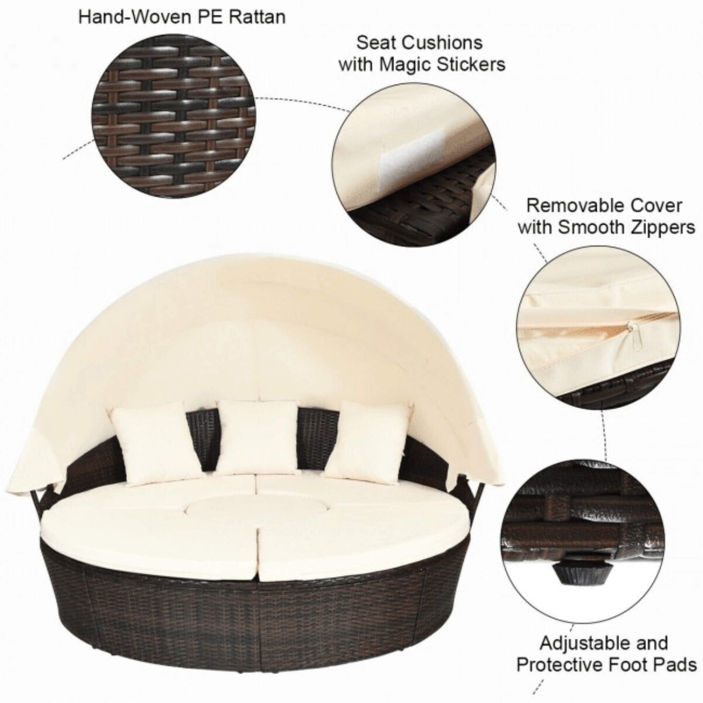 Alora Premium 76-Inch Round Outdoor Patio Rattan Daybed W/ Canopy & Table (SAK96418)