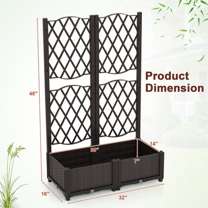 PE Rattan Raised Garden Bed with Trellis Planter Box for Climbing Plants-Brown
