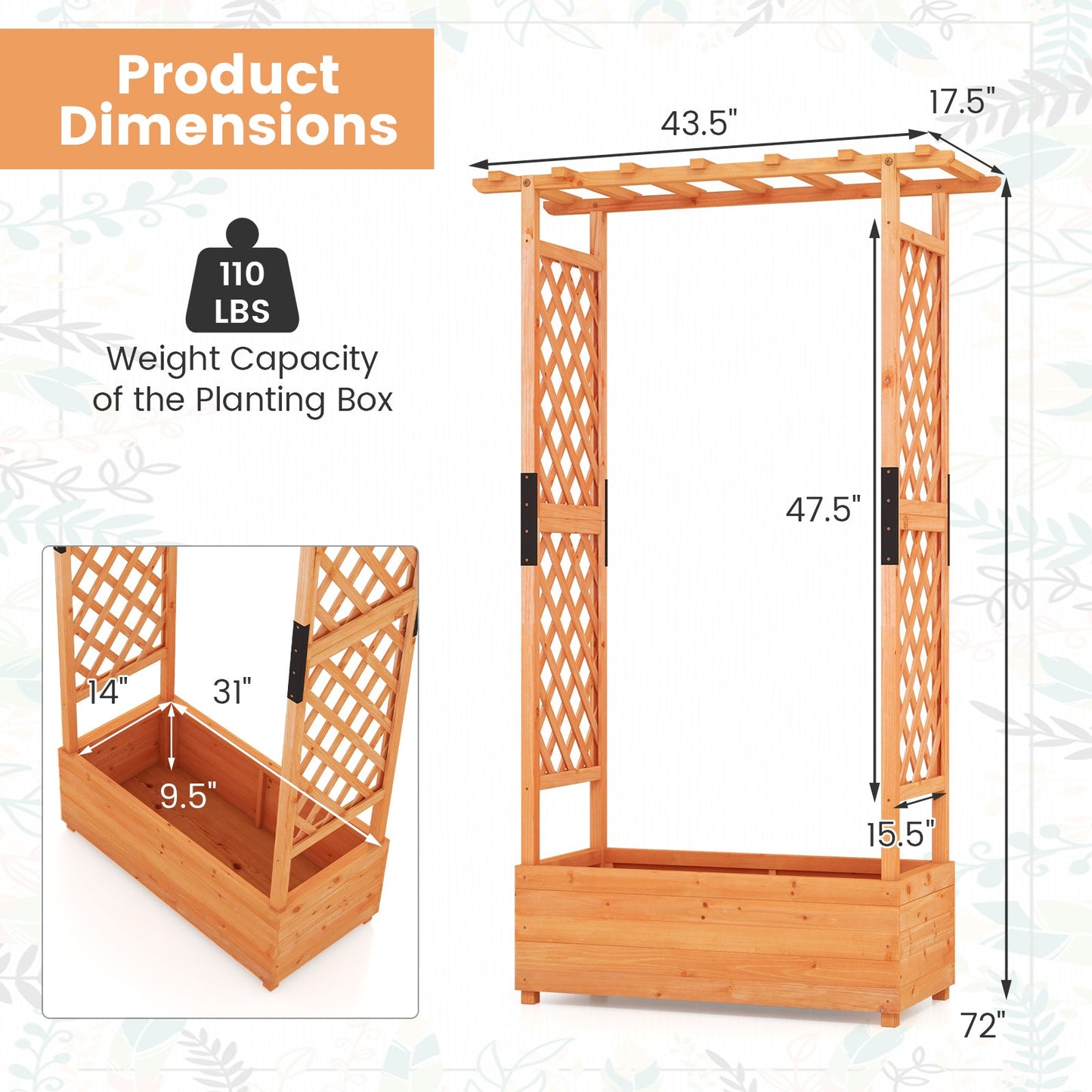 Raised Garden Bed with Arch Trellis-Orange