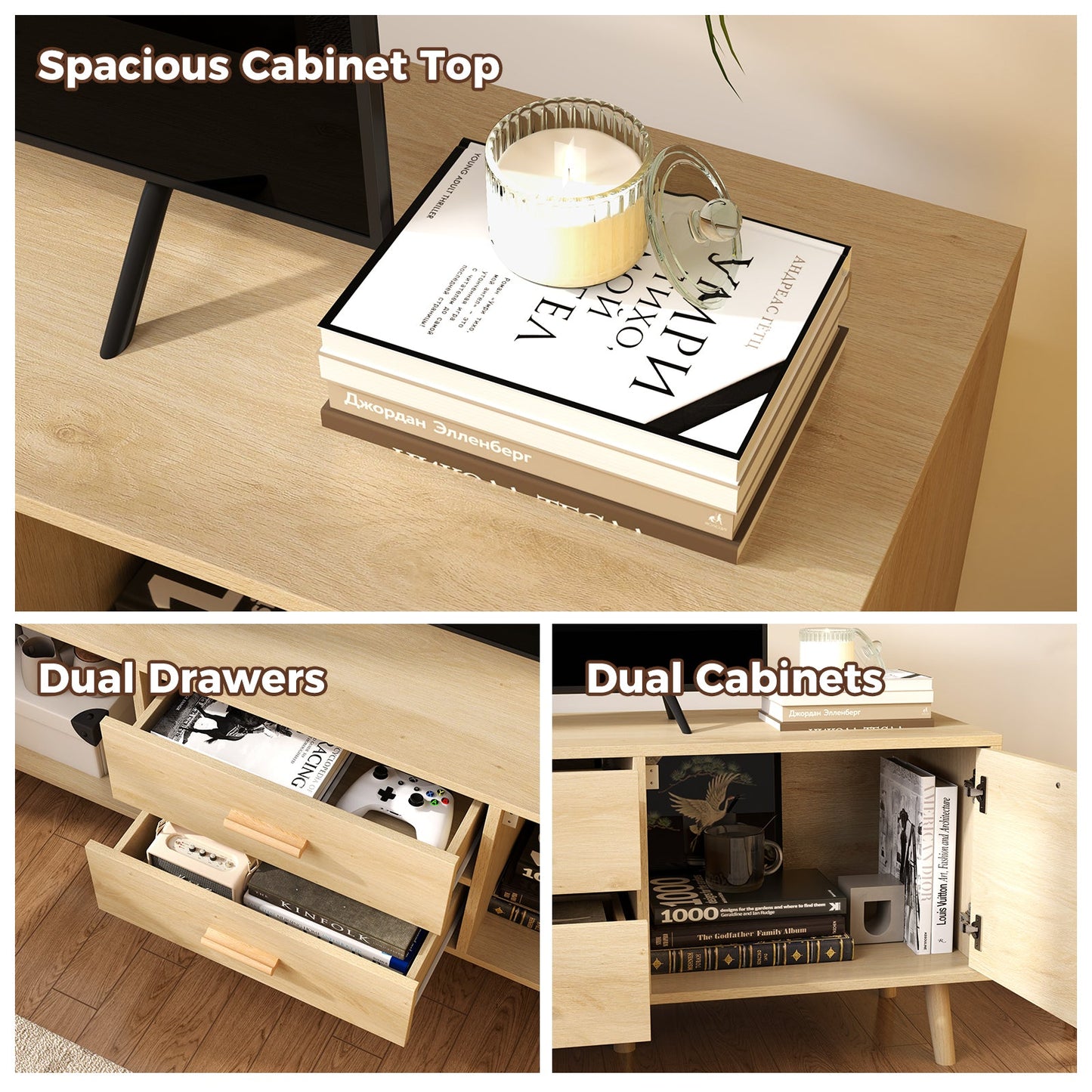 Rattan TV Stand for 65-Inch TV with Drawers and Solid Wood Legs-Natural