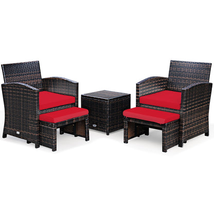 5 Pieces Patio Rattan Furniture Set with Ottoman and Tempered Glass Coffee Table-Gray
