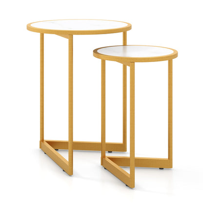 Round Nesting Table Set of 2 with Marble-like Tabletop-White