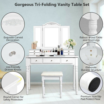 Makeup Dressing Table with Tri-Folding Mirror and Cushioned Stool for Women