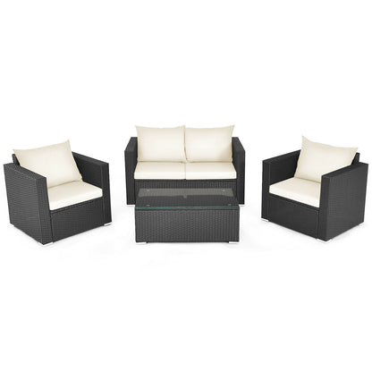 4 Pieces Patio Rattan Conversation Set with Cushions and Coffee Table-Black