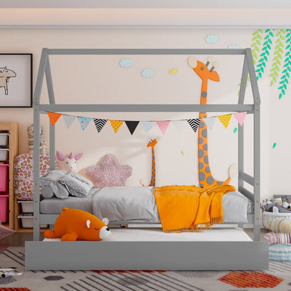 Kids Platform Bed Frame with Roof for Bedroom