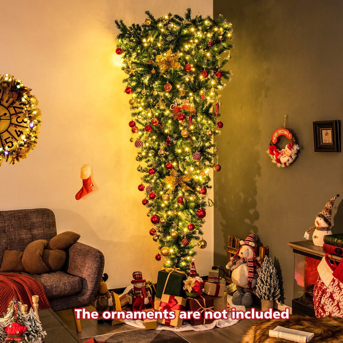 7.5 Feet Pre-Lit Snowy Upside Down Christmas Tree 1100 Tips