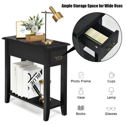 2 Pieces 2 Tier Sofa Side End Table with Drawer and Open Shelf
